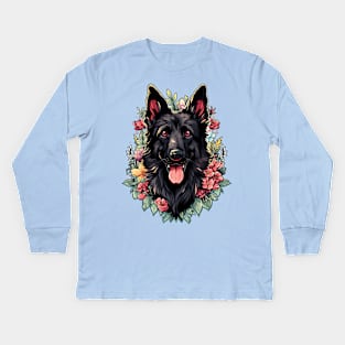 Black German Shepherd Dog Flowers Kids Long Sleeve T-Shirt